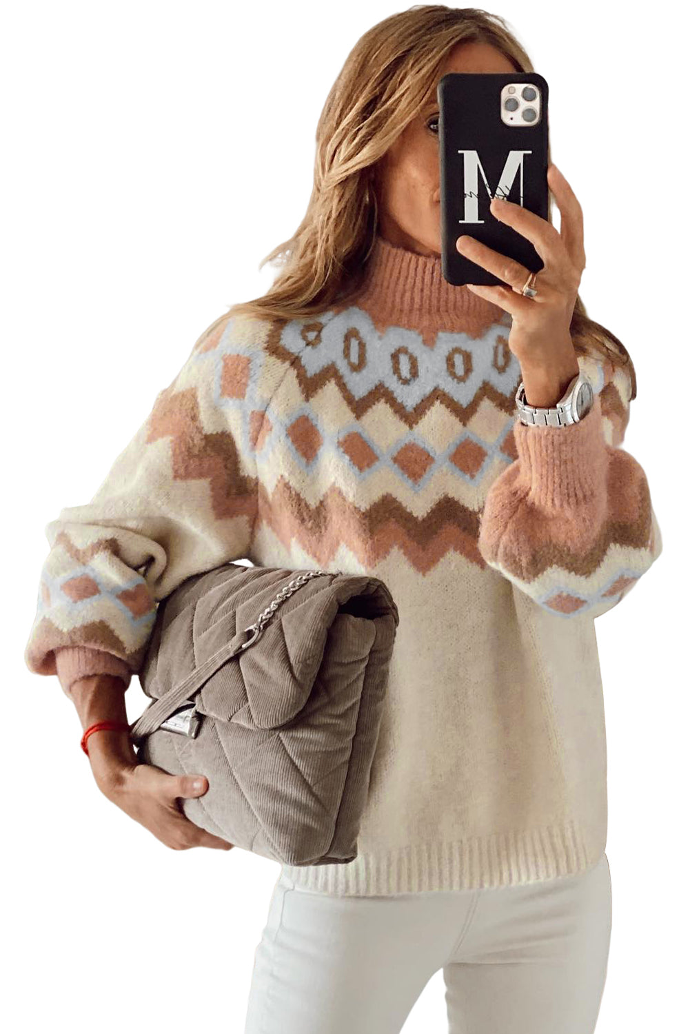 Khaki Geometric Pattern Ribbed Trim High Neck Sweater