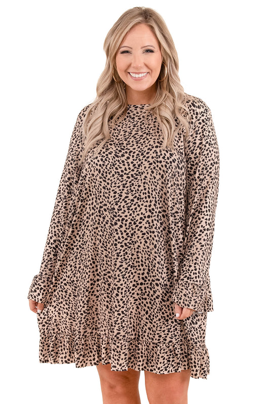 Minivestido de manga larga con volantes y estampado de leopardo 