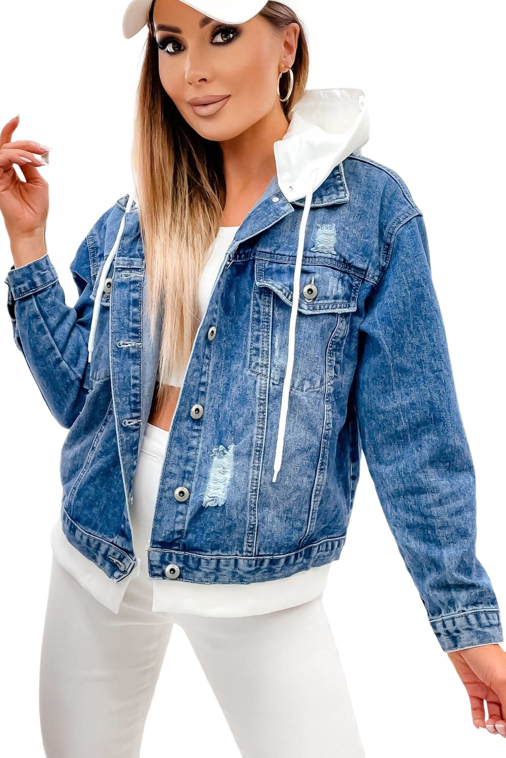 Sky Blue Distressed Contrast Hooded Denim Jacket with Pockets