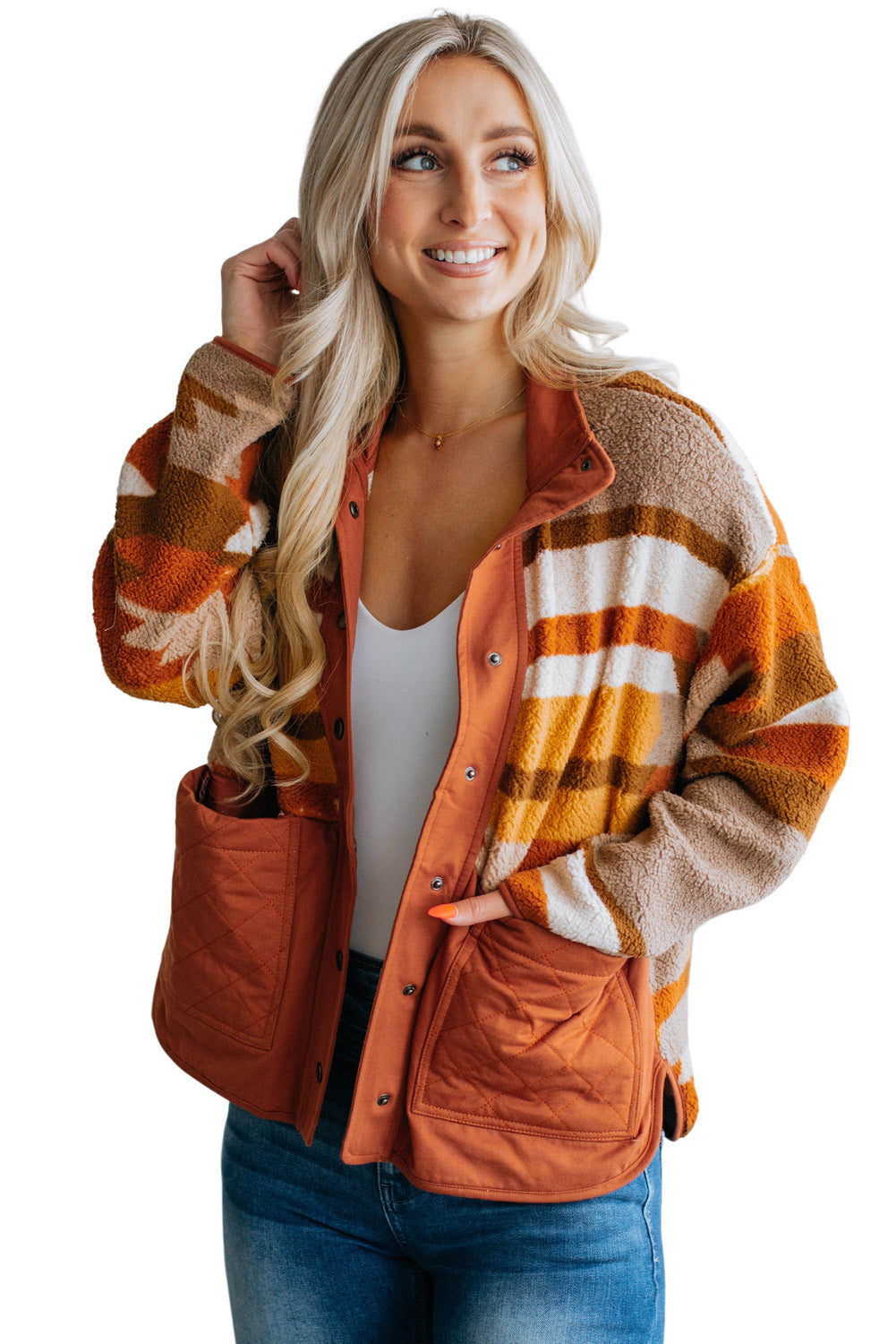 Chestnut Plus Size Quilted Patch Pockets Aztec Furry Jacket