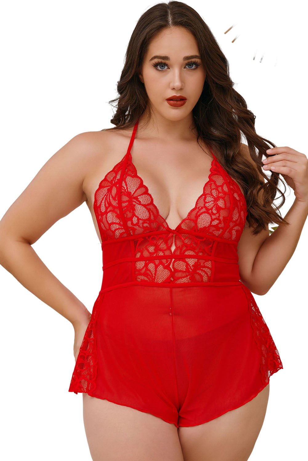 Lencería de encaje rojo de talla grande con escote halter y espalda descubierta