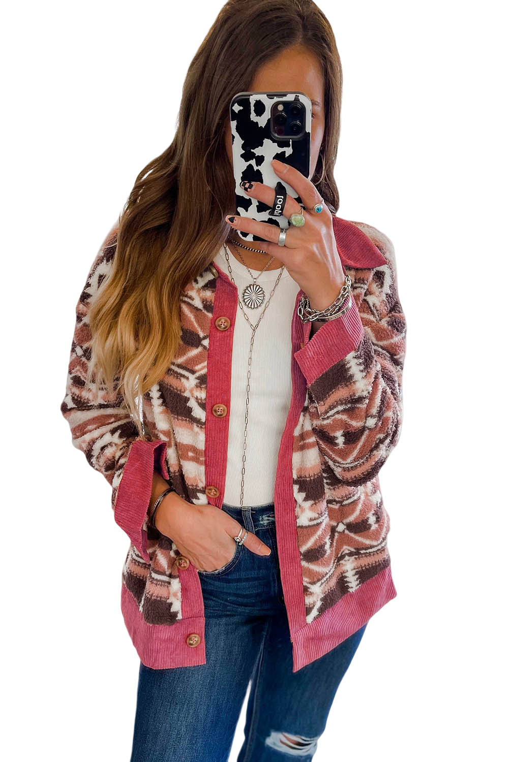 Chaqueta de pana con ribete de sherpa occidental blanca