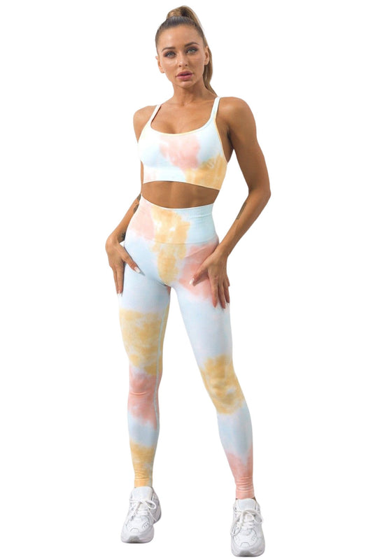 Conjunto de 2 piezas de sujetador de yoga con efecto tie dye y leggings de cintura alta en amarillo