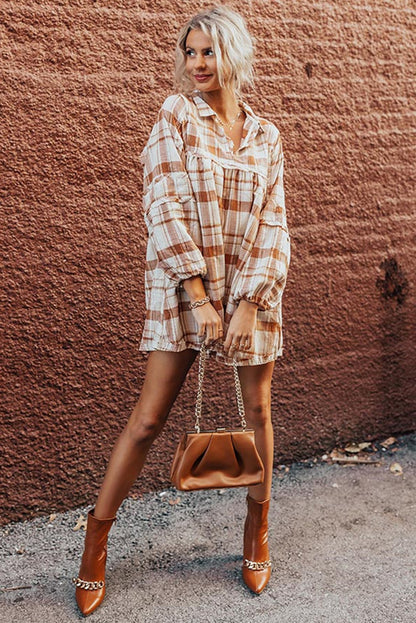 Brown Plaid Print Babydoll Mini Dress