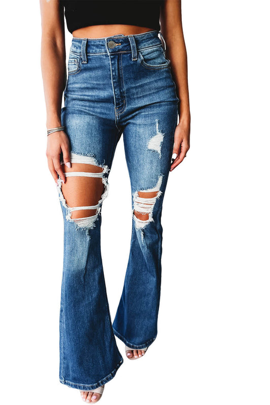 High Waist Distressed Cutout Flare Jeans