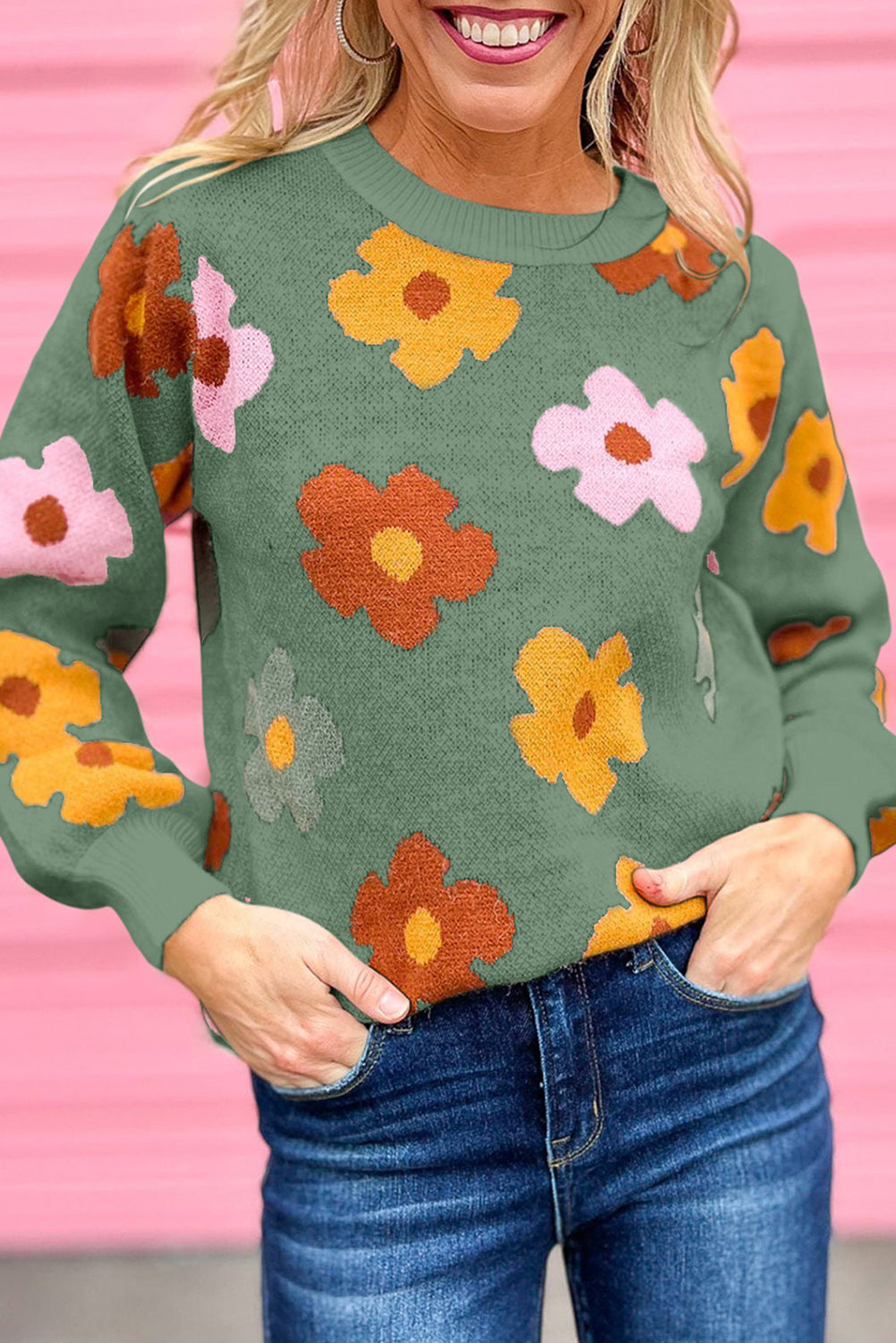 Ribbed Trim Flower Sweater