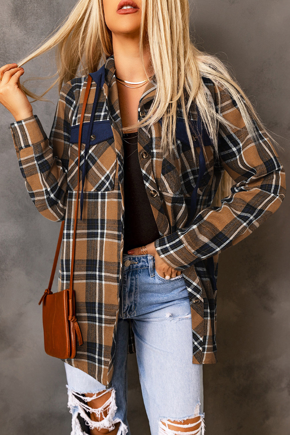 Contrast Hooded Drawstring Plaid Shacket