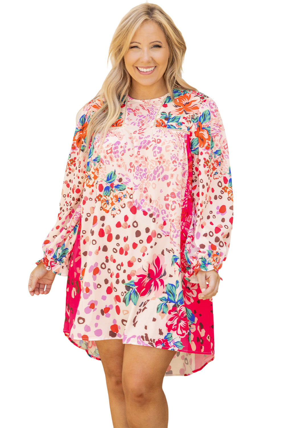 Vestido camisero de manga larga con estampado floral en rosa