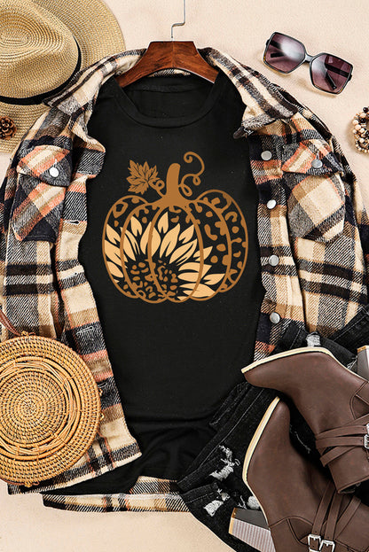 Black Halloween Sunflower Pumpkin Graphic Tee