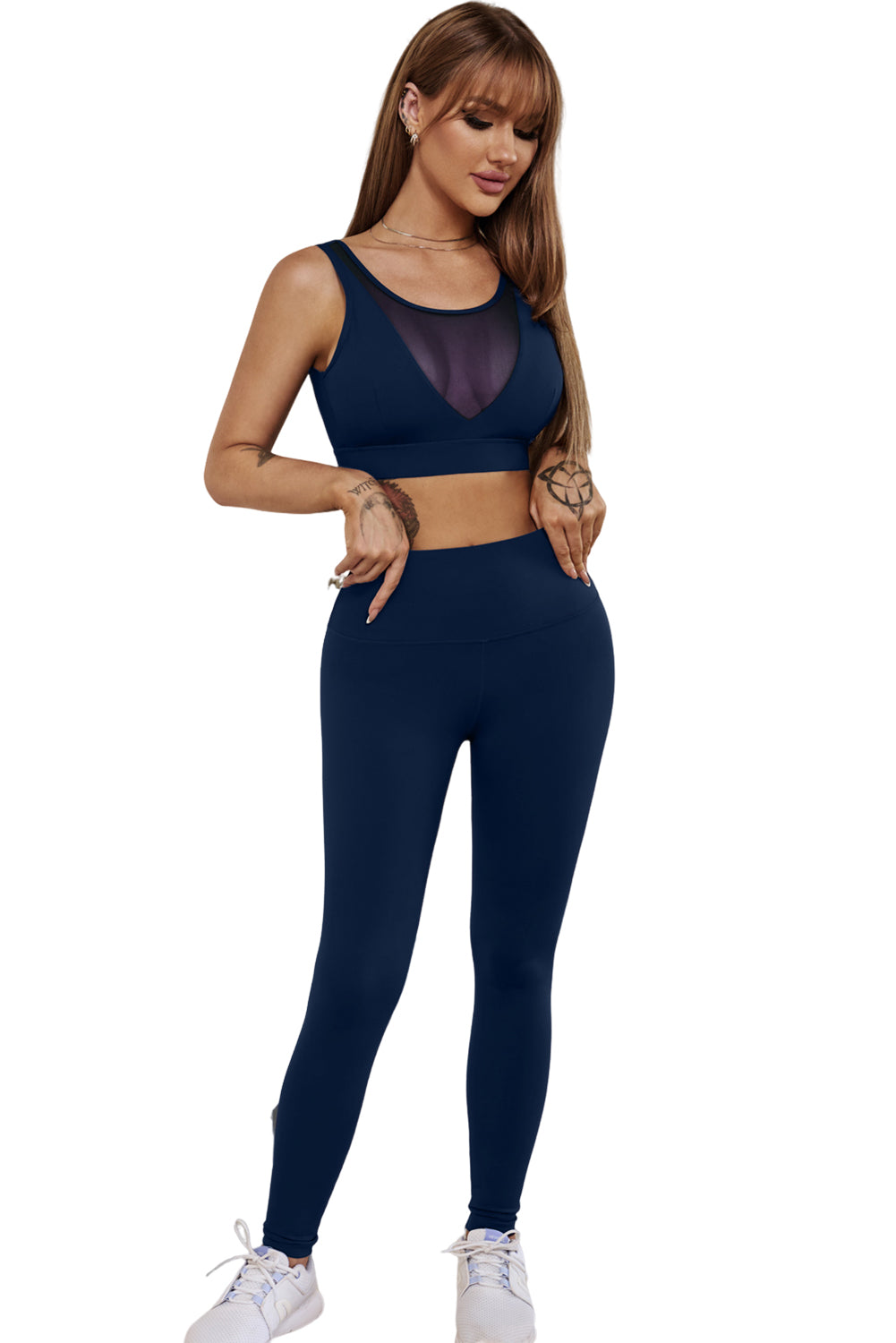 Blue Mesh Splicing Crop Top High Waist Sports Set