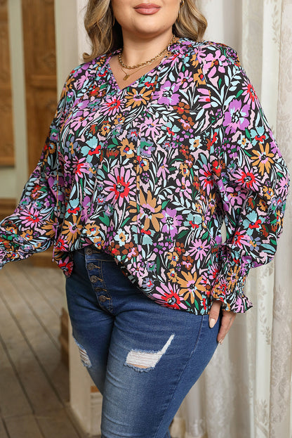 Multicolour Plus Size Floral Smocked Cuffs V-Neck Blouse