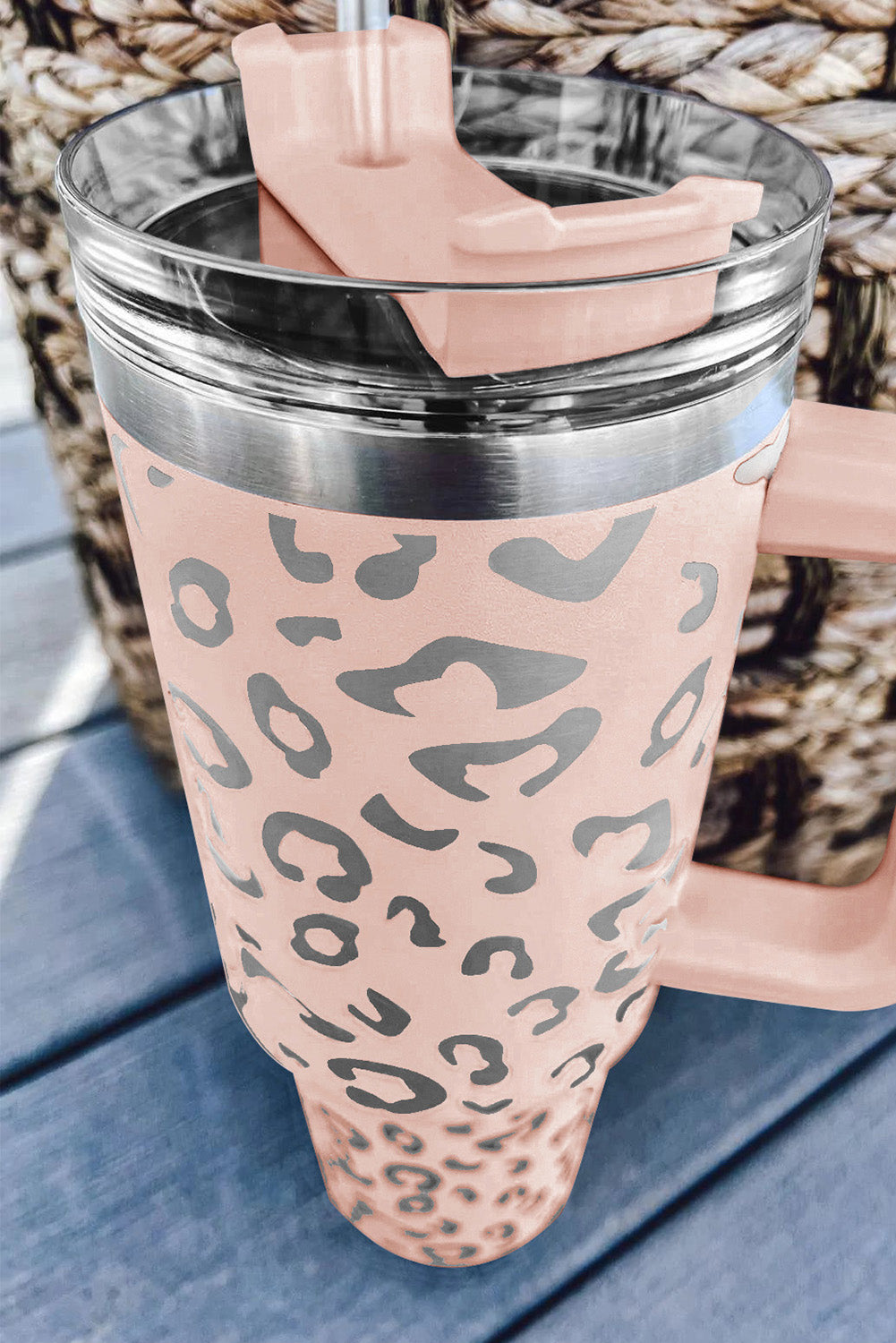 Taza de acero inoxidable 304 con doble aislamiento y manchas de leopardo rosa de 40 oz