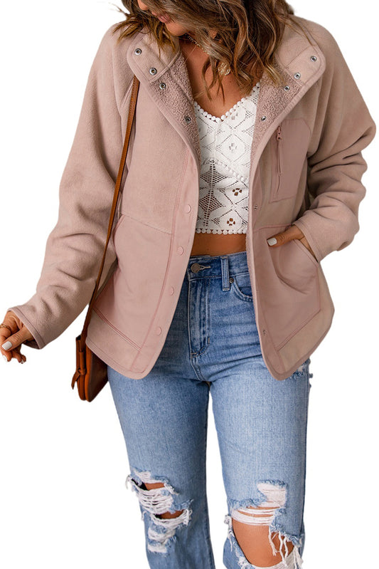 Pink Faux Shearling Lining Snap Button Suede Jacket