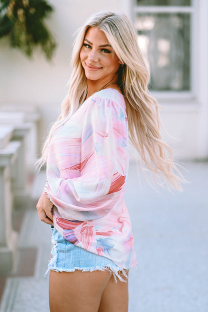 Pink Abstract Print Balloon Sleeve V-Neck Blouse