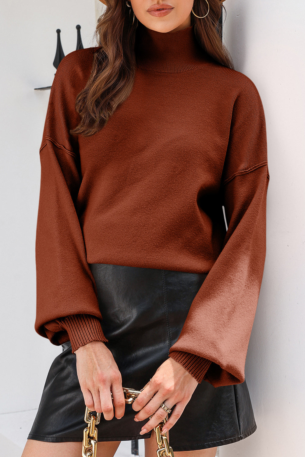 Brown Turtleneck Drop Shoulder Bubble Sleeve Knit Sweater