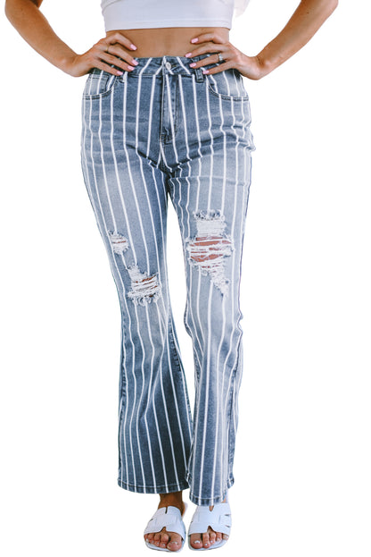 Show off your sporty side in our retro-fab sandblasted denim flares with v-stripes and light distressing! Flaunt the 5-pocket, zip-and-button design that's forever chic and forever in flare. Comfy-stretchy in a 71.5% Cotton, 25% Polyester, 2% Viscose, and 1.5% Elastane blend means these are a no-brainer.