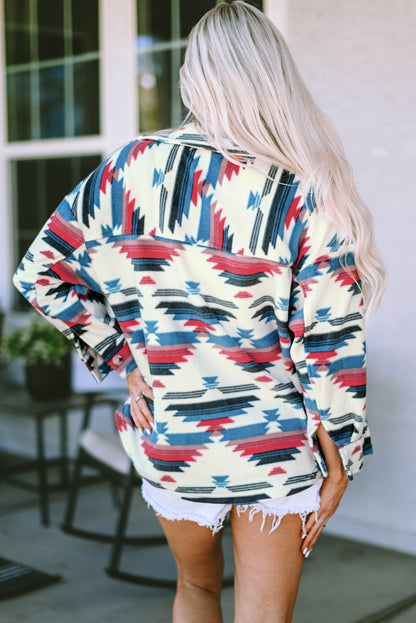 Chaqueta con cuello vuelto, botones y estampado azteca multicolor