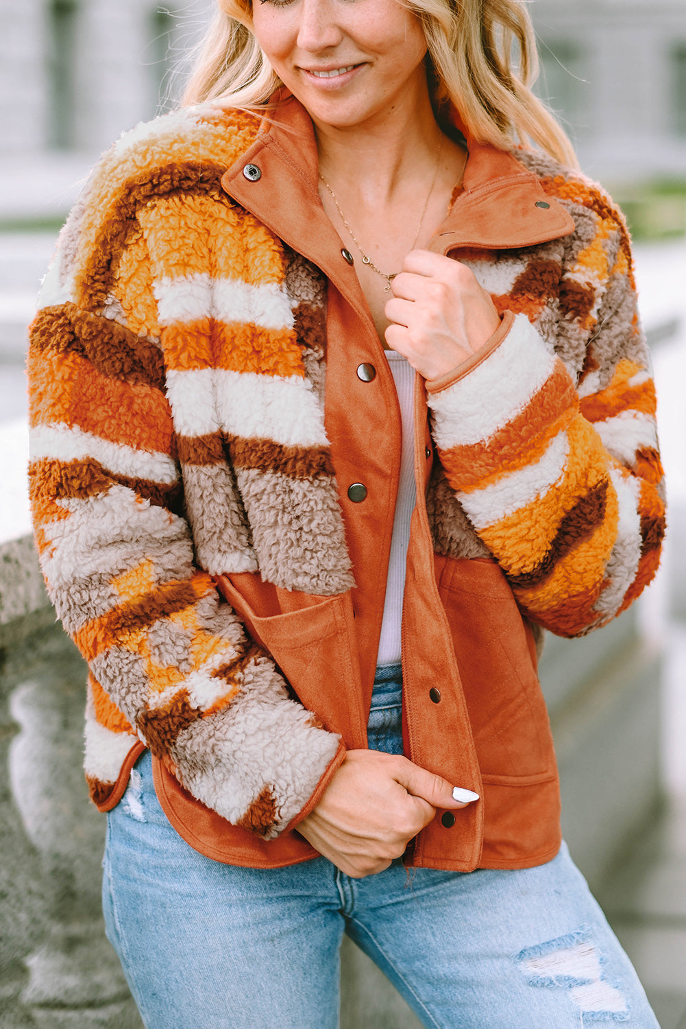 Chestnut Plus Size Quilted Patch Pockets Aztec Furry Jacket