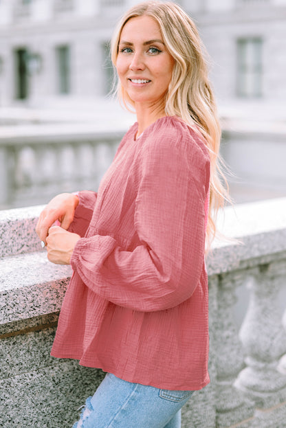 Pink Bubble Sleeve Textured Flowy Blouse