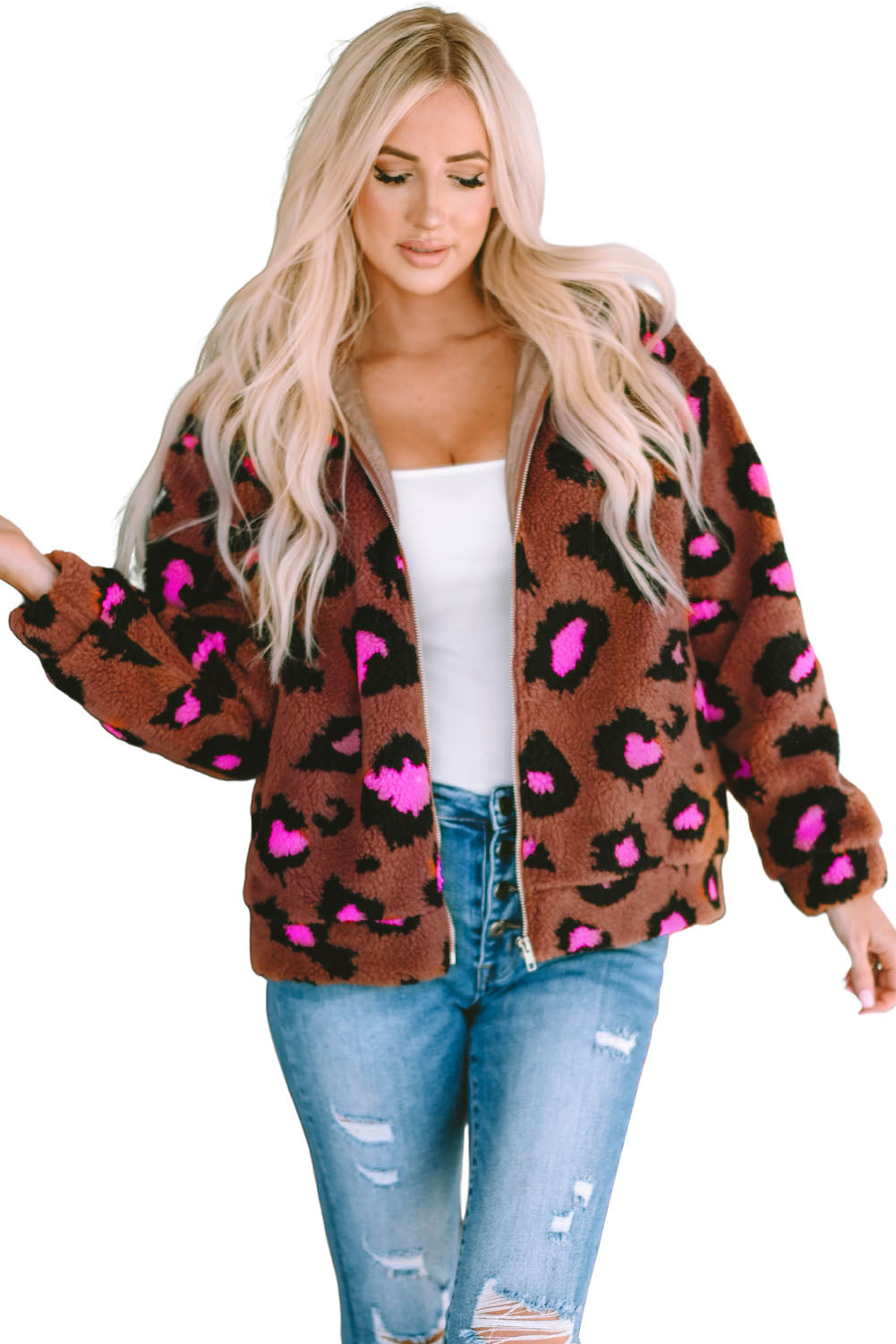 Chaqueta de peluche de sherpa con cuello alto y cremallera de leopardo