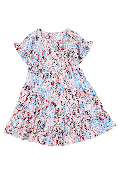 Pink Short Sleeves Floral Print Tiered Ruffled Dress