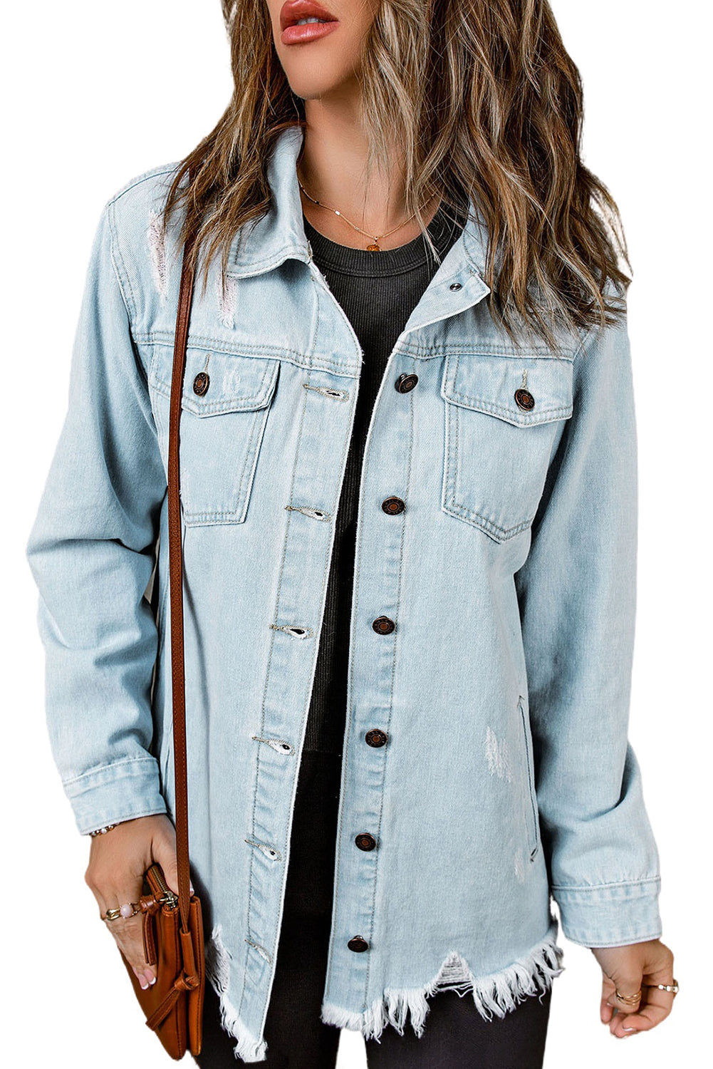 Sky Blue Light Wash Pocketed Distressed Denim Jackets