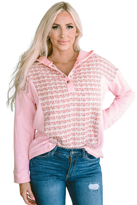 Pink Striped Tweed Patchwork Button Casual Hoodie