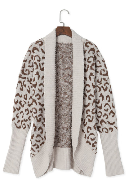 Khaki Fuzzy Leopard Ribbed Trim Lapel Collar Cardigan