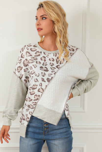 Sudadera holgada con empalme de textura de leopardo asimétrica 