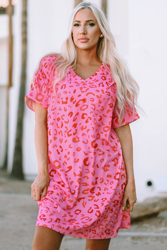 Pink Leopard Print V Neck Shift T-shirt Dress