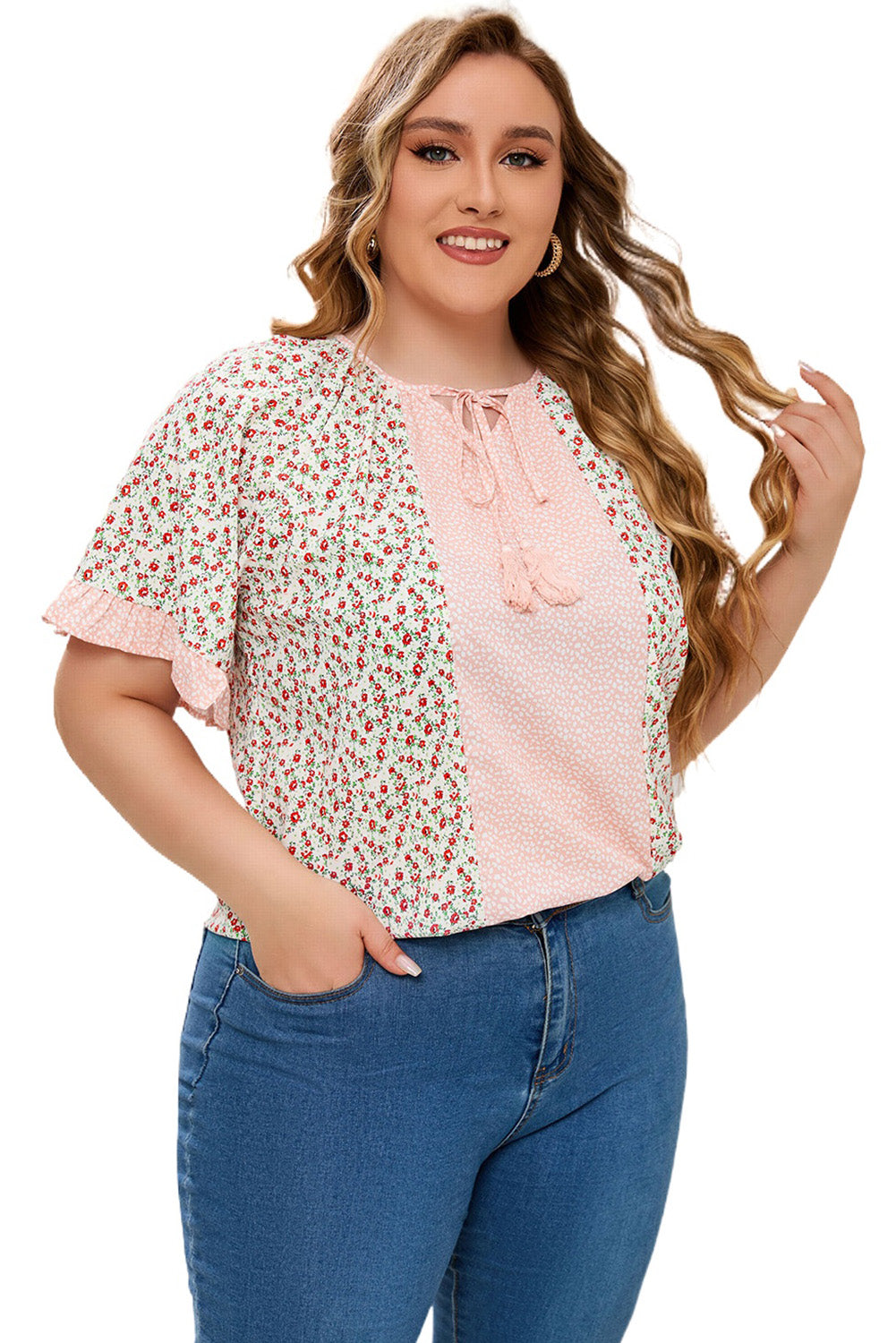 Pink Dotty Floral Patchwork Plus Size Long Sleeve Blouse