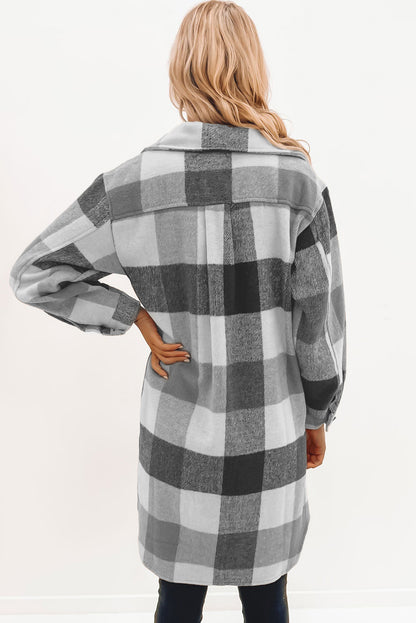 Medium Grey Plaid Button-Down Flap Pocket Long Shacket