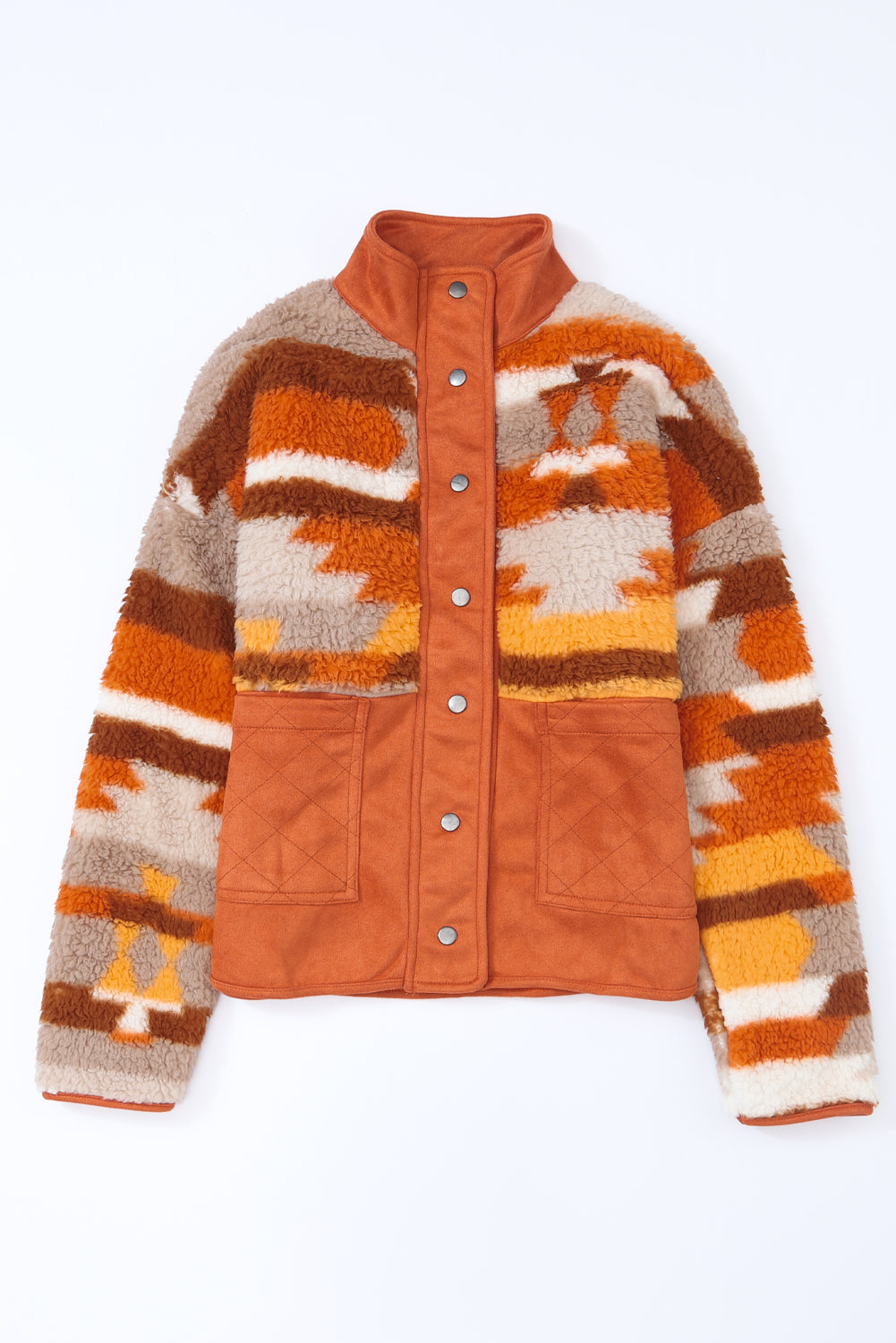 Chestnut Plus Size Quilted Patch Pockets Aztec Furry Jacket