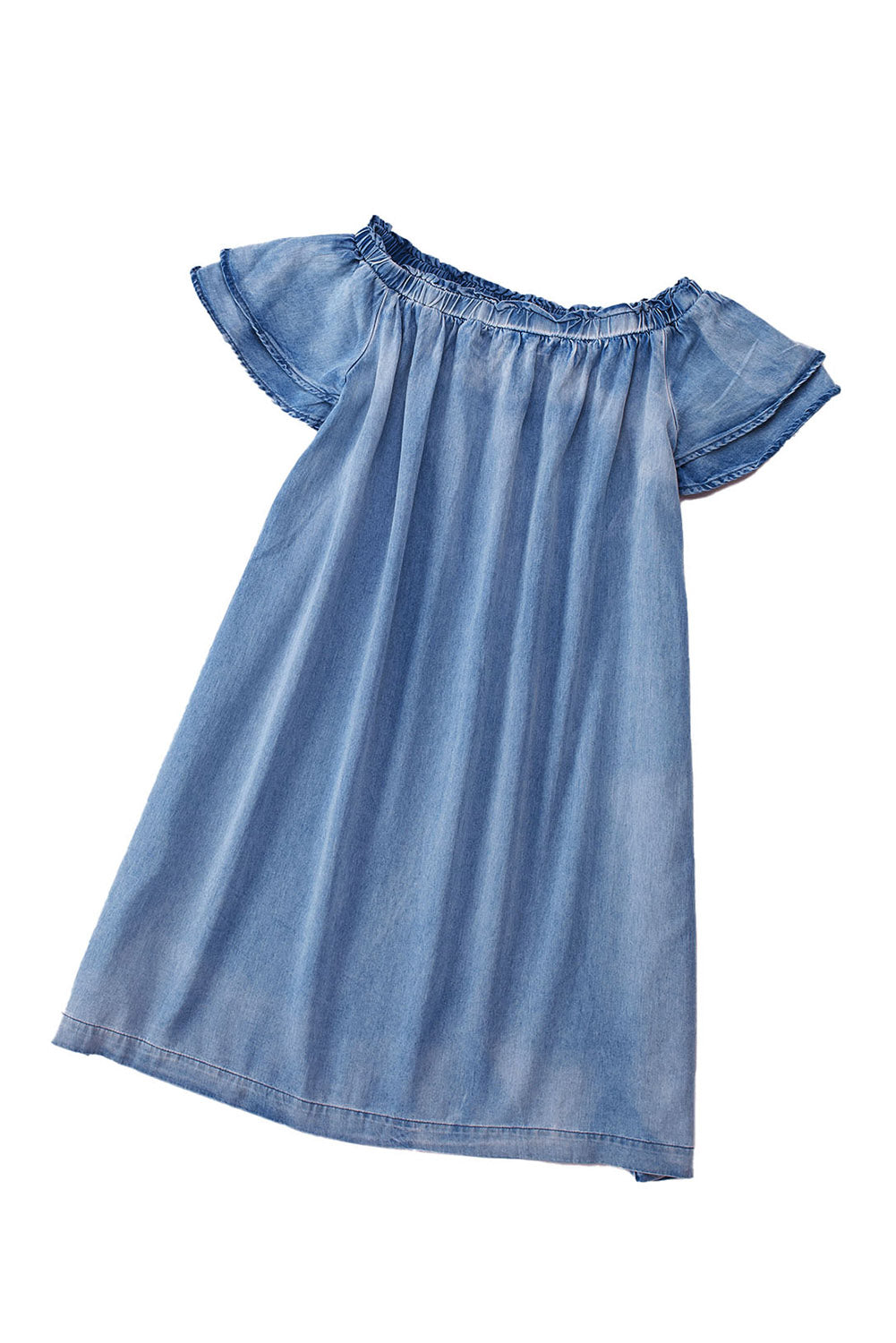 Sky Blue Off-shoulder Ruffle Sleeves Chambray Dress