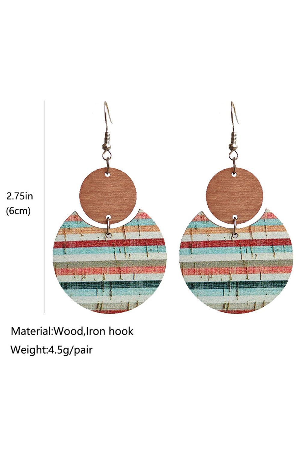 Pendientes colgantes de madera con estampado de rayas boho multicolor 