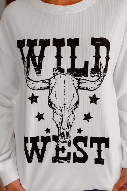 White WILD WEST Steer Skull Graphic Ribbed Sweatshirt