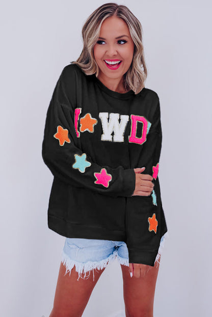 Vamp up your wardrobe with this fun pullover sweatshirt! The dazzling "HOWDY" graphic gives it a touch of pizzazz, and the star patterns on the sleeves make it extra darling. Made of 65% Polyester and 35% Cotton, you can choose from Black or White. Moodz Boutique has you covered!