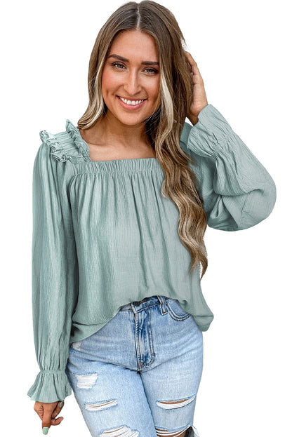 Green Ruffled Square Neck Cuffs Long Sleeve Blouse