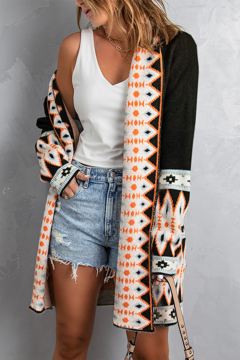 Green Aztec Print Open Front Knitted Cardigan