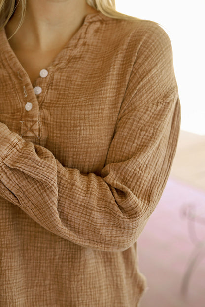 Pink Crinkle Textured Loose Henley Top