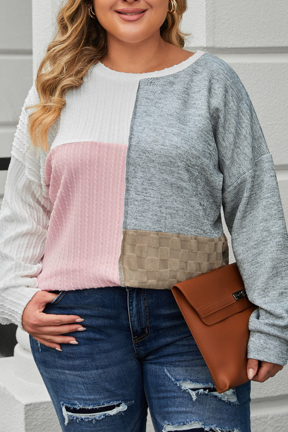 Multicolor Cable Knit Colorblock Long Sleeve Plus Size Top