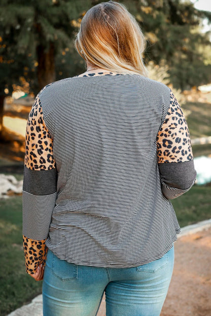 Camiseta de manga larga con parches de rayas de leopardo y vaca en talla grande 