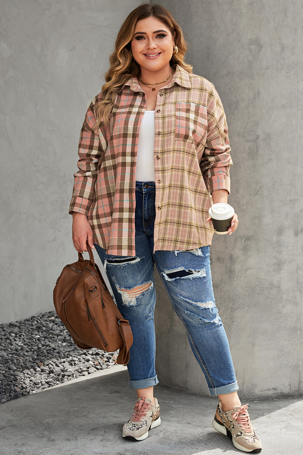 Orange Drop Shoulder Rounded Hem Plaid Pattern Shirt