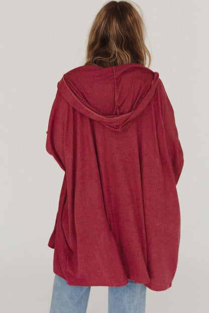 Red Bracelet Sleeve Pocketed Open Front Hooded Cardigan