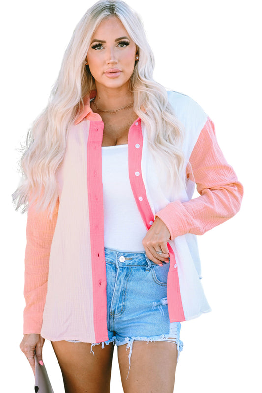 Pink Color Block Patchwork Crinkle Long Sleeve Shirt