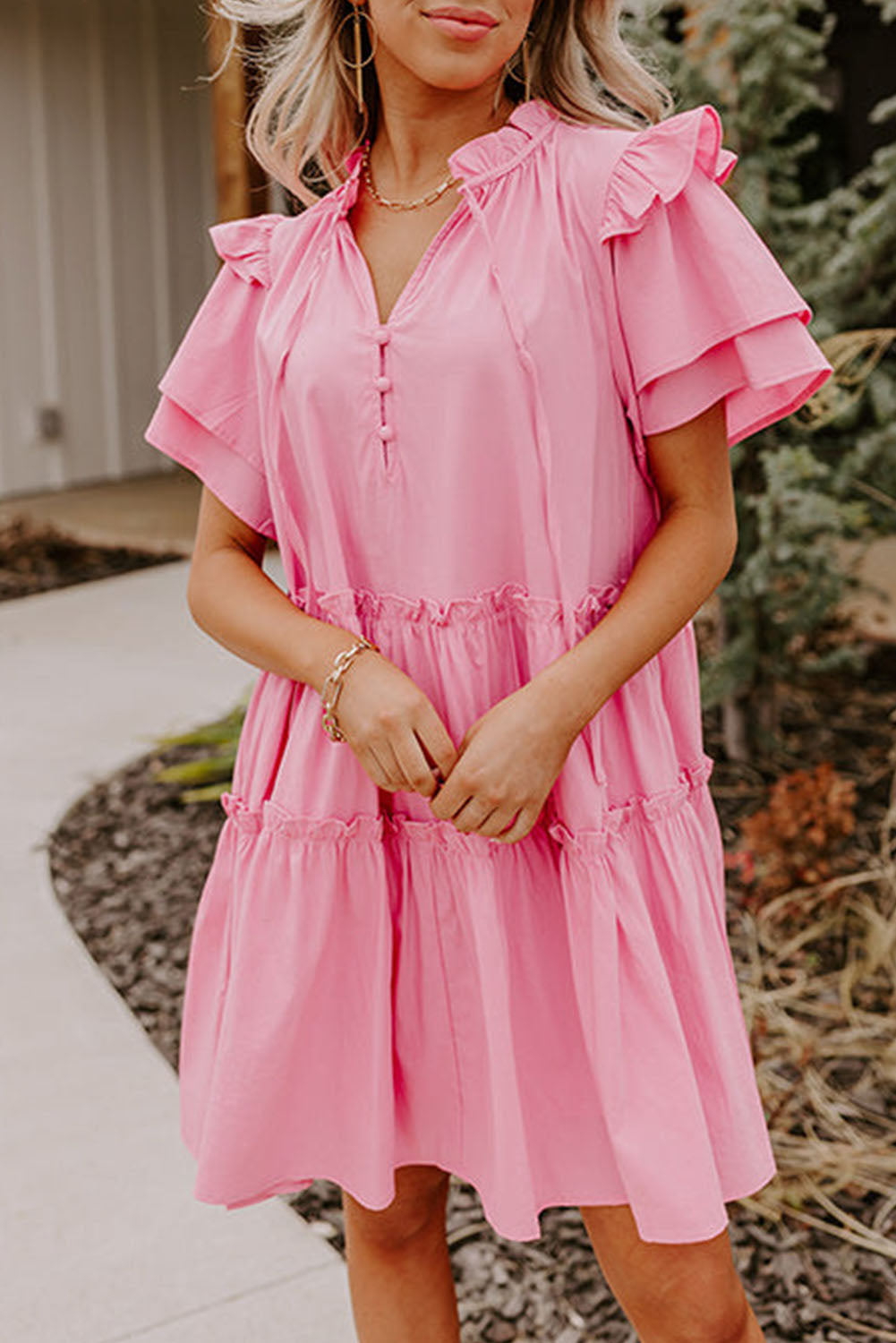 Pink V Neck Layered Ruffled Sleeves Mini Dress