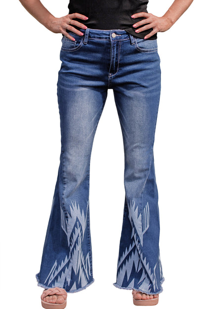 Western Pattern High Rise Flare Jeans