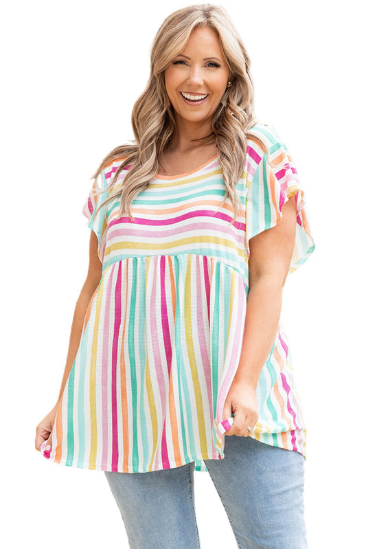 The multicolored, contrasting stripes make this Curvy top super stylish - and the ruffle sleeves will keep you looking sweet from am to pm. The babydoll-style looks great and flatters everyone! Stretchy material provides tons of comfy goodness, making this plus-size babydoll perfect for pairing with your favorite leggings. 95% Polyester, 5% Elastane.