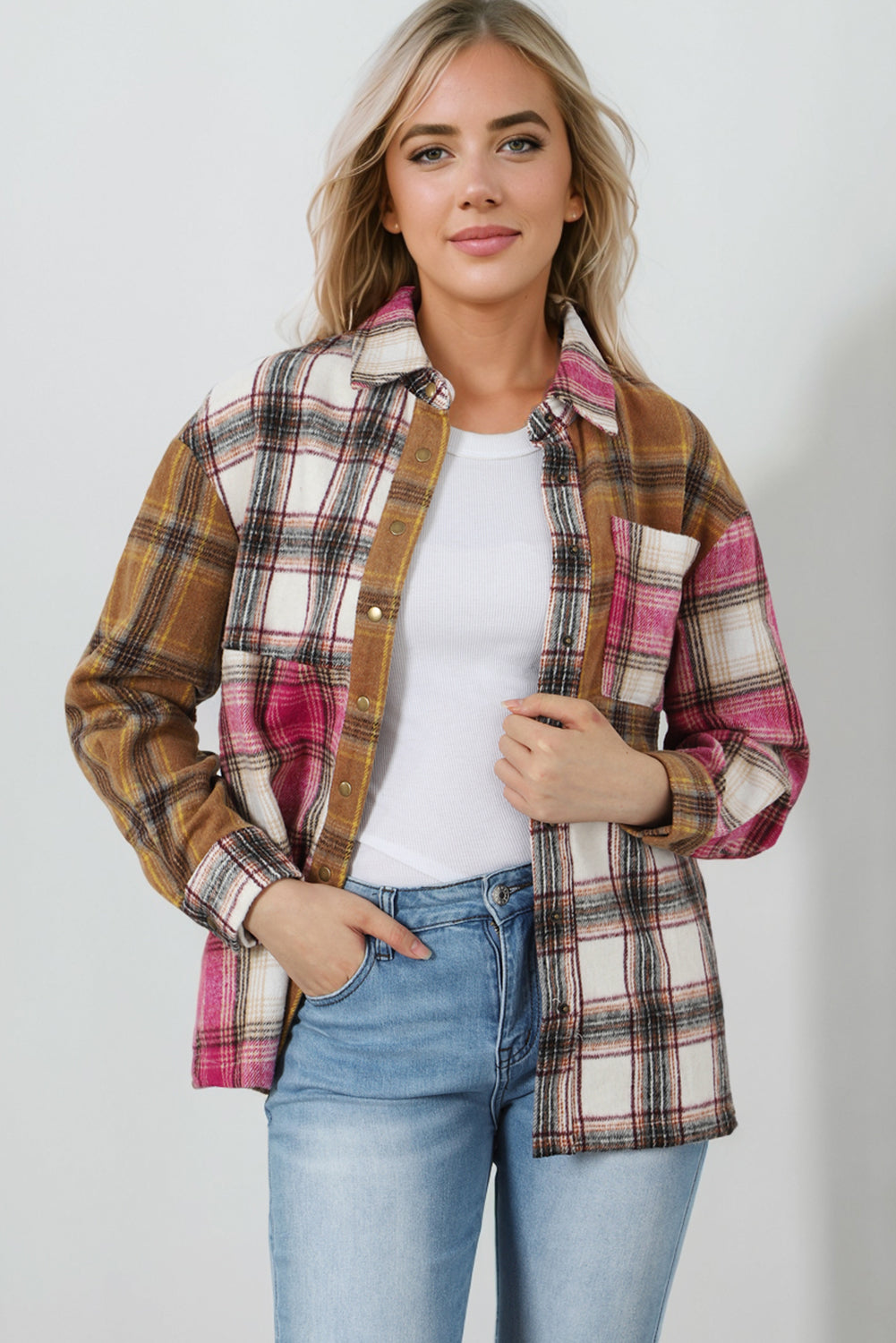 The Plaid Print adds an aesthetic of timelessness to this Snap Buttoned Long Sleeve Jacket, available in a luxuriant brown hue to provide comfort and warmth. Easily dressed up or down, it's been designed with the convenience of snap buttons - an essential for the modern wardrobe. From Moodz Boutique, this high-quality piece is made of 100% Polyester for a long-lasting fit.