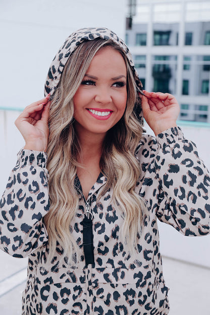 Leopard Zip Up Collared Hooded Windbreaker